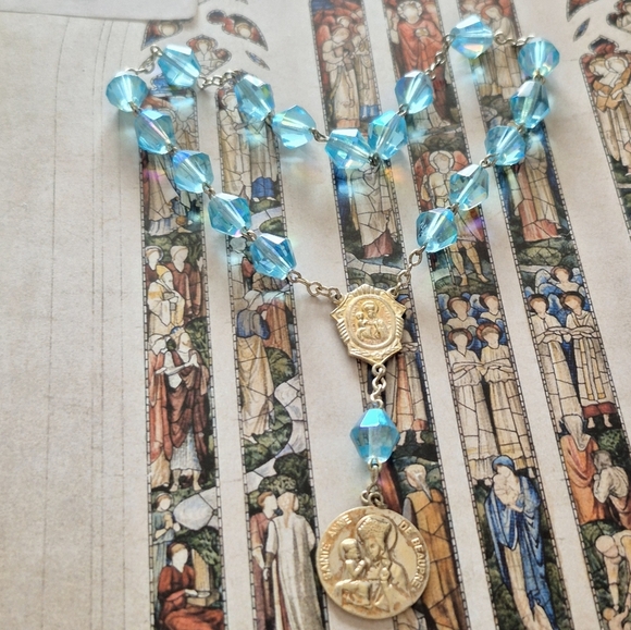 Rosary - Mini Rosary 3 Decads With Blue Glass Crystal Beads - Picture 1 of 8